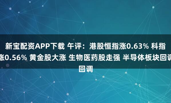 新宝配资APP下载 午评：港股恒指涨0.63% 科指涨0.56% 黄金股大涨 生物医药股走强 半导体板块回调