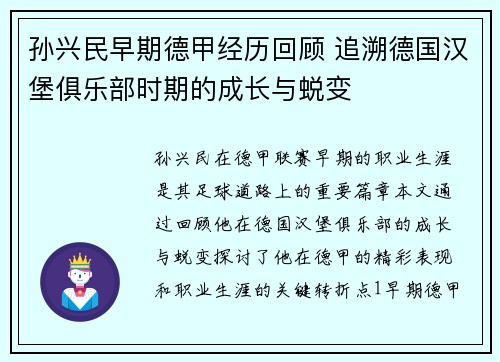 孙兴民早期德甲经历回顾 追溯德国汉堡俱乐部时期的成长与蜕变