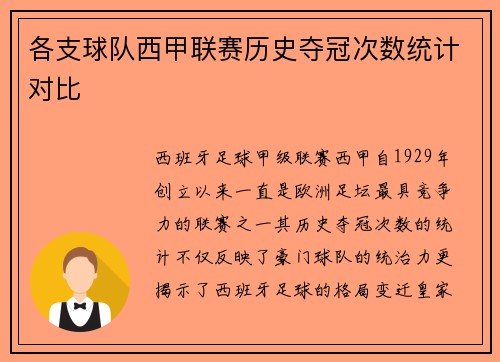 各支球队西甲联赛历史夺冠次数统计对比