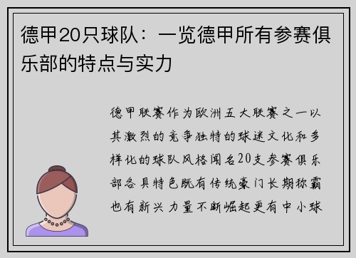 德甲20只球队：一览德甲所有参赛俱乐部的特点与实力